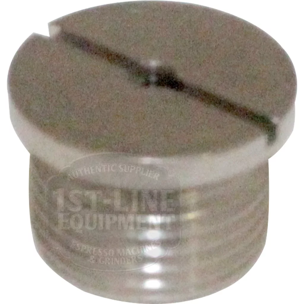 A close-up of the Ascaso I.2582 Retention Valve Nut, a metal slotted screw plug with a flat top and threaded sides; 1st-Line Equipment and Ascaso are faintly visible on its surface. © 2025 1st-line.com