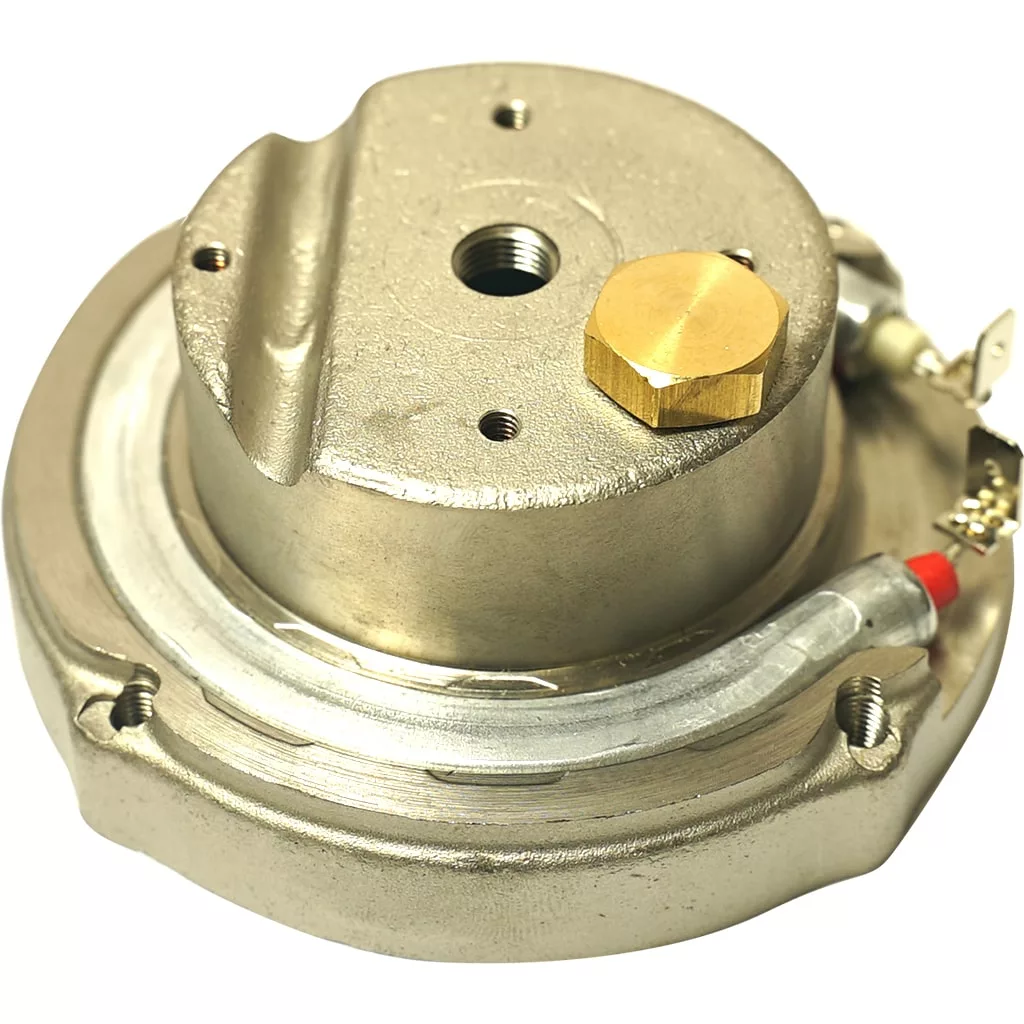 A close-up of the Ascaso I.365N 110V Brass Boiler / Heating Element - 2 hole shows its circular base, brass hexagonal fitting, two electrical connectors, and a small tube attached. © 2025 1st-line.com