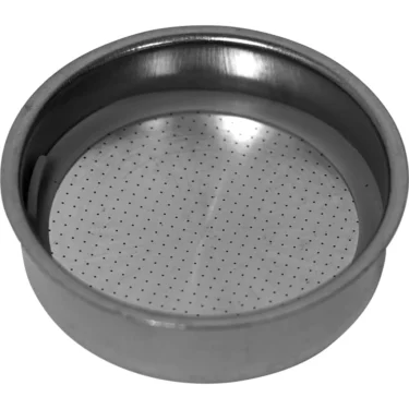 A close-up of the Ascaso I..702 1-Cup 57mm Pressurized Filter Basket, designed with fine bottom holes to hold ground coffee in an espresso machine during brewing. © 2025 1st-line.com