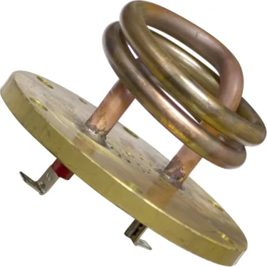 A close-up of the Bezzera 5721128 1200W, 120V Heating Element showing its circular brass base with a coiled copper tube and two electrical terminal connectors. © 2025 1st-line.com