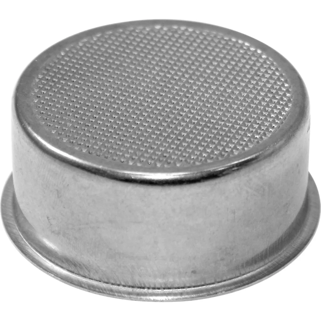 A close-up of the DISCONTINUED 1st-line 53mm Filter Basket/Cup - 2-cup, designed for espresso machine portafilters, featuring a round, flat top with a fine mesh pattern. © 2025 1st-line.com