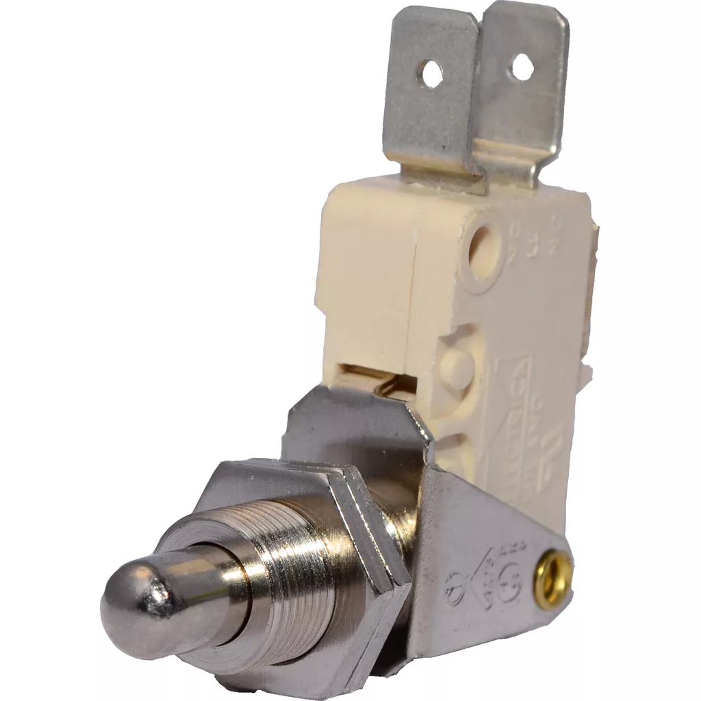 A close-up of the DISCONTINUED ECM C199900306 Microswitch, featuring a metal push-button, white plastic housing, and two flat metal terminals at the top for electrical connections. © 2025 1st-line.com