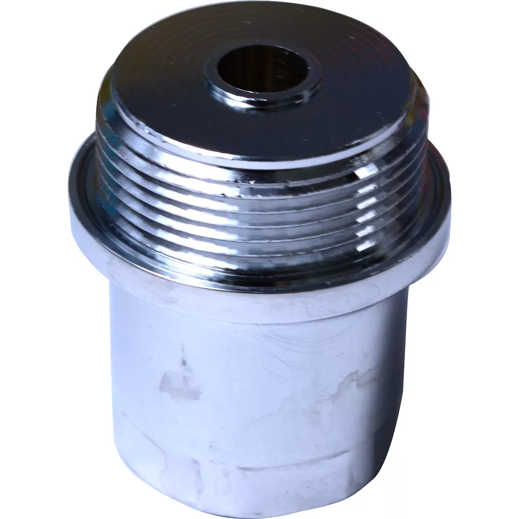 A close-up of the DISCONTINUED ECM R000002142 E61 Grouphead Cam Flange, a shiny, metallic fitting with external threads and a central hole, typically used in E61 Grouphead assemblies for plumbing or pipe connections. © 2025 1st-line.com