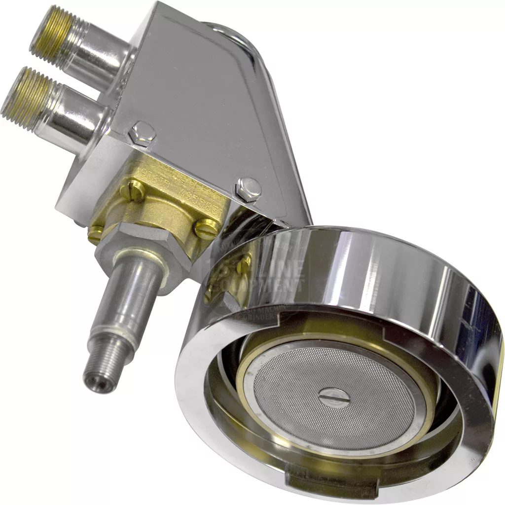 A close-up of the DISCONTINUED Elektra 02285039 NEW Chrome Grouphead/Delivery Unit Assembly, featuring dual water inlets, a pressure gauge, portafilter holder, and silver parts with brass components. © 2025 1st-line.com