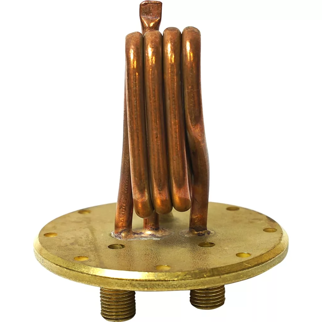 A close-up of the DISCONTINUED Elektra 02983011 110V flanged heating element for Semi Automatica, featuring a copper coil on a round brass base with two threaded connectors and multiple edge holes. © 2025 1st-line.com