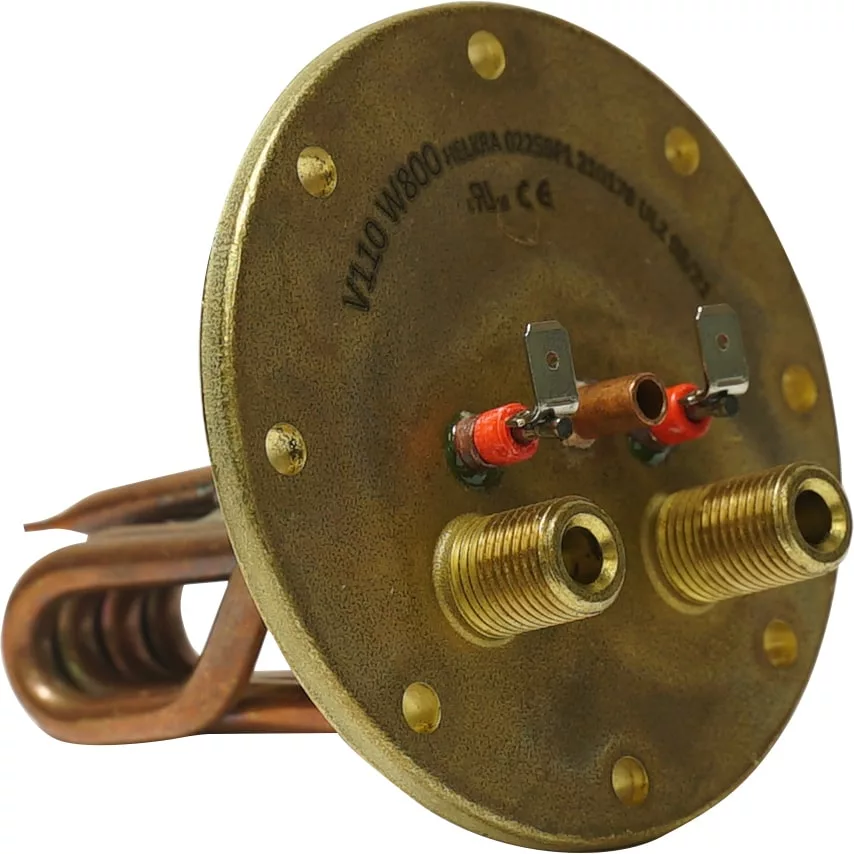 A close-up of the DISCONTINUED Elektra 02983011 110V Flanged Heating Element for Semi Automatica, featuring two electrical terminals, two threaded pipe connections, and a coiled copper heating rod on the base plate. © 2025 1st-line.com