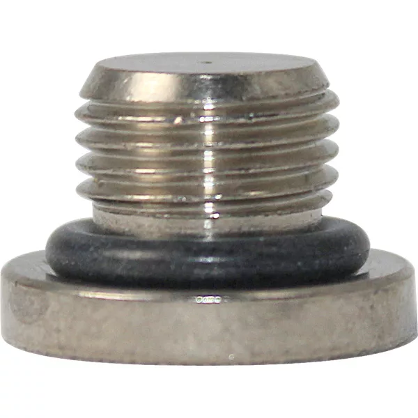 A close-up of the DISCONTINUED VBM VITETAPSCADAR metallic threaded drain plug with a rubber O-ring, featuring a flat round base and shiny silver finish for sealing or fastening. © 2025 1st-line.com