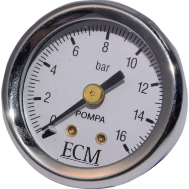 A close-up of the ECM B7432517 Pump Pressure Gauge shows its round face with a metal rim, a 0–16 bar scale, needle at 1.5 bar, and “POMPA,” “ECM,” and “B7432517” printed on the white dial. © 2025 1st-line.com