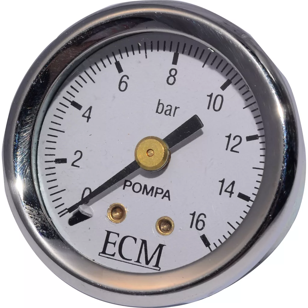 A close-up of the ECM B7432517 Pump Pressure Gauge shows its round face with a metal rim, a 0–16 bar scale, needle at 1.5 bar, and “POMPA,” “ECM,” and “B7432517” printed on the white dial. © 2025 1st-line.com
