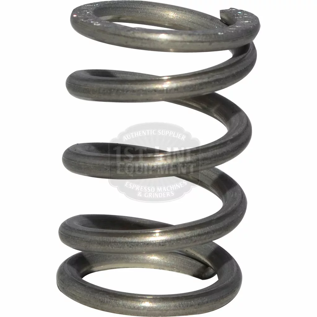 A close-up of the ECM C219900427 E61 Lever Axis Spring, a metallic compression spring used in E61 Lever assemblies, shown standing upright against a white background. © 2025 1st-line.com