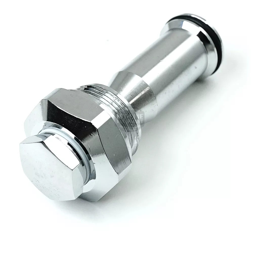 A close-up of the ECM C2299001133.K Complete Socket/Connector Brewing Unit shows its shiny metallic bolt with a hexagonal head, threaded shaft, and a black rubber O-ring near the top—ideal for brewing unit assemblies. © 2025 1st-line.com
