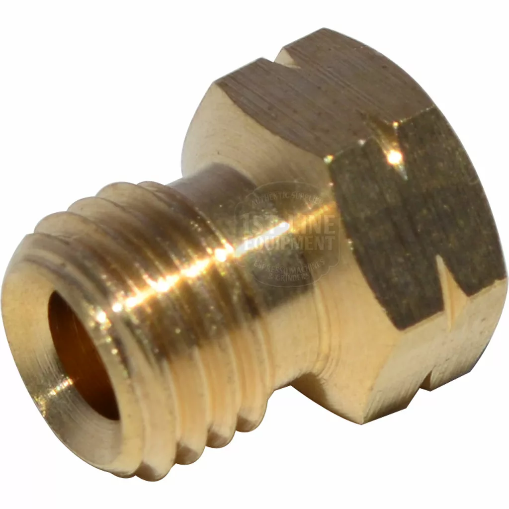 A close-up of the ECM C229900549 E61 Gigleur - 0.8, a brass slotted screw jet with external threads and flat head, typically used in espresso machines. © 2025 1st-line.com