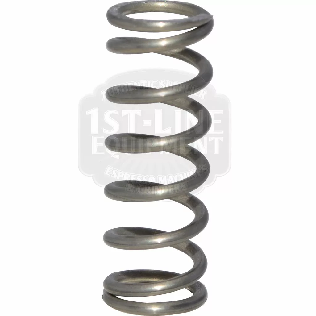 A close-up of the ECM P6003.13 Steam/Hot Water Wand Spring stands upright on a white background, showcasing its tightly wound helical coils and smooth, shiny metal surface. © 2025 1st-line.com