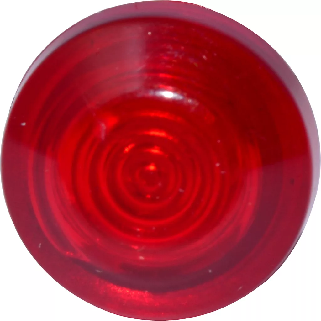 A close-up of the Elektra 00073035 230V Red Neon Lamp shows its round, shiny red lens with concentric circular patterns, likely crafted from plastic or glass. © 2025 1st-line.com