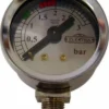 A close-up of the Elektra 00143035 Chrome Pressure Gauge, marked “ELEKTRA,” shows a 0–3 bar range with green, yellow, and red zones. The needle points at 1.5 bar. © 2025 1st-line.com