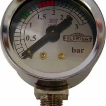 A close-up of the Elektra 00143035 Chrome Pressure Gauge, marked “ELEKTRA,” shows a 0–3 bar range with green, yellow, and red zones. The needle points at 1.5 bar. © 2025 1st-line.com
