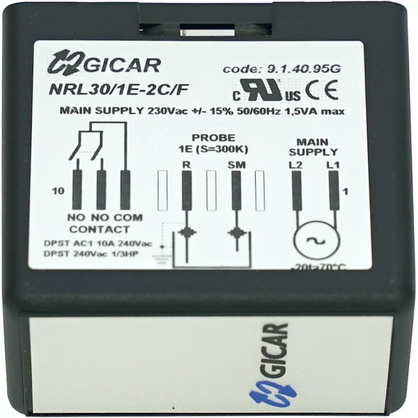 A close-up of the Elektra 00189035 Level Control (230V) for 1 Group Deliziosa Levetta (up to 2009) and 2 Group Compact Levetta (up to 2008), showing wiring diagram, technical specs, and certification logos on the label. © 2025 1st-line.com
