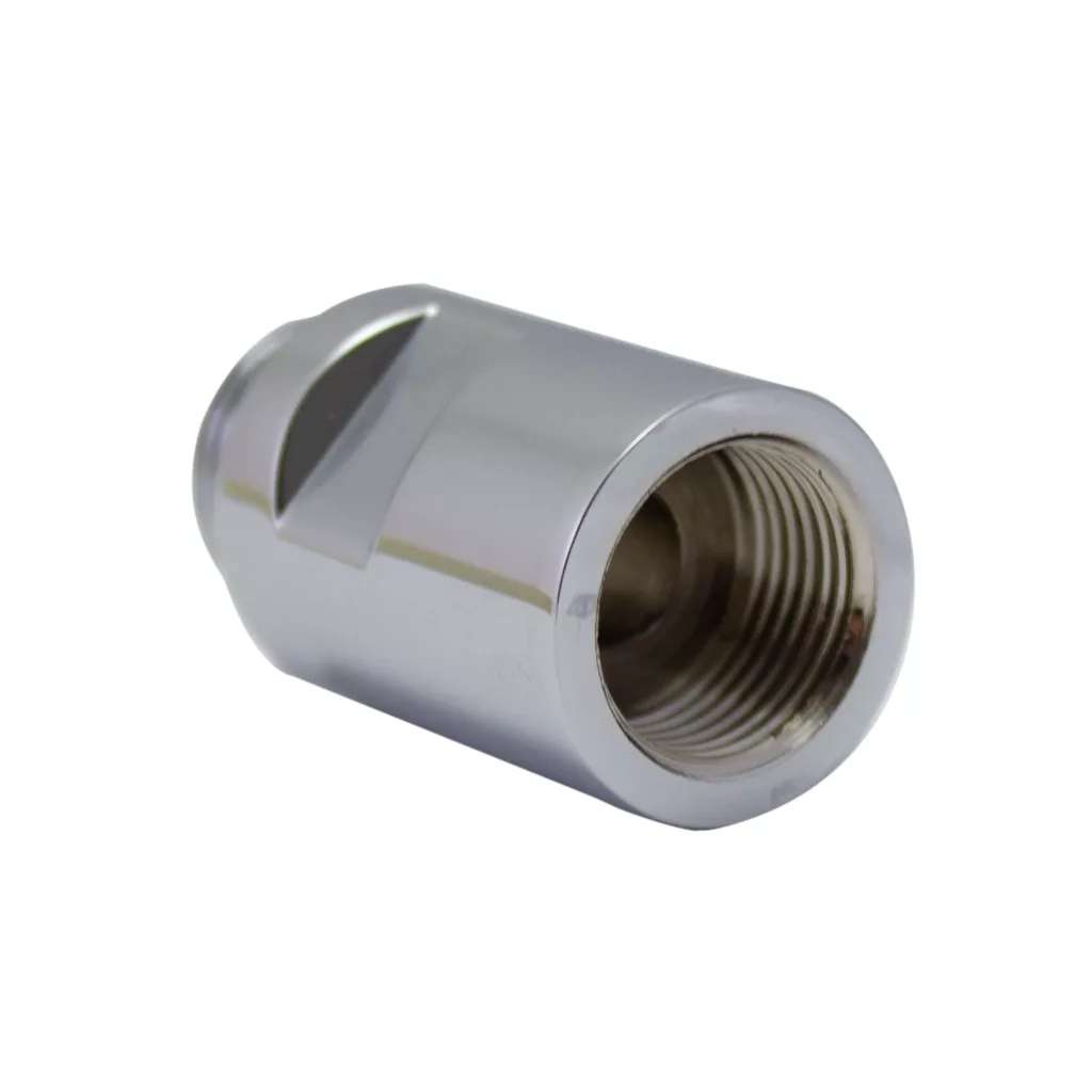 A close-up of the Elektra 00526021 Spacer for Portafilter, a shiny metal hex nut with internal threading, shown on its side against a white background. © 2025 1st-line.com