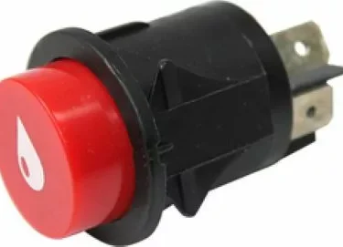 A close-up of the Elektra 00631034 Water Refill Switch shows a red push button with a white drop icon, set in black plastic housing and equipped with two metal terminals. © 2025 1st-line.com