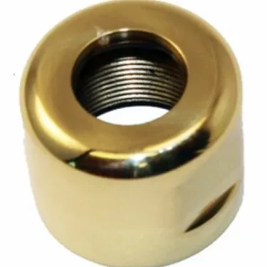 A close-up of the Elektra 00946019 Joint Nut for Steam/Water Valve Assembly shows its shiny brass, cylindrical, and hollow design with a smooth, reflective surface. Made for Elektra Commercial models. © 2025 1st-line.com