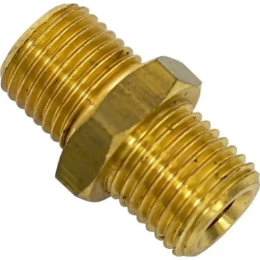 A close-up of the Elektra 01024014 Adapter, a brass 1/4 M x 1/4 M pipe fitting with male threads on both ends and a hexagonal center for models like Elektra 01024014. © 2025 1st-line.com