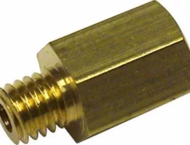 A close-up of the Elektra 01335014 Support for Grouphead Injector, featuring a hexagonal brass body and male screw thread, designed for use with espresso machine grouphead injectors. © 2025 1st-line.com