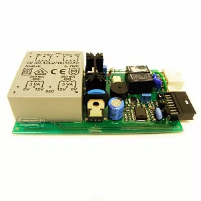 A close-up of the Elektra 02618035 110V Electronic Board displays various components, such as a large gray relay, capacitors, connectors, and integrated circuits on a green PCB. © 2025 1st-line.com