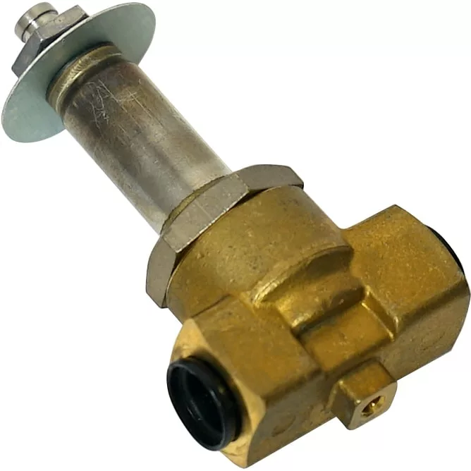 A close-up of the Elektra 03447035 Solenoid Valve Pilot-3 way, featuring a cylindrical metal actuator and hexagonal nut, designed to control liquid or gas flow in a system. © 2025 1st-line.com