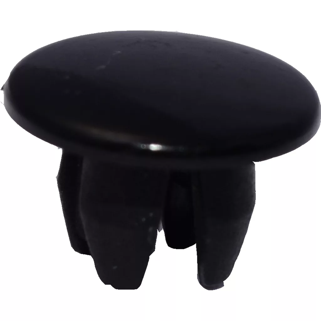 A close-up of the Elektra 04068035 Plug - Nino, a black plastic push-in fastener with a round flat top and multiple prongs underneath, commonly used in automotive or electronic assemblies. © 2025 1st-line.com