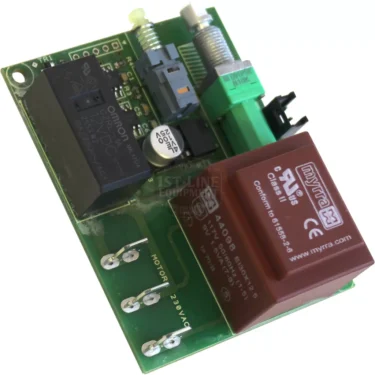 A close-up of the Eureka 1005.0012 Circuit Board, showing black and brown relays, green terminal blocks, connectors, and the “MOTOR 230VAC” label on its bottom edge. © 2025 1st-line.com