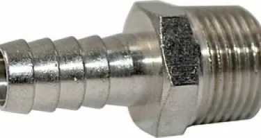 A close-up of the Fiorenzato A1300063 Brass Connection 3/8 to 10mm diameter Hose, showing a threaded end on the right and a ribbed, tapered end on the left for secure hose attachment. © 2025 1st-line.com