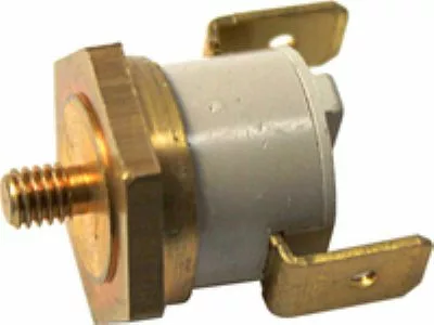 A close-up of the Fiorenzato A1400044 130°C Thermostat, featuring a threaded metal base, hexagonal brass nut, gray cylindrical body, and two flat metal terminals—ideal for automotive use and compatible with Fiorenzato models. © 2025 1st-line.com