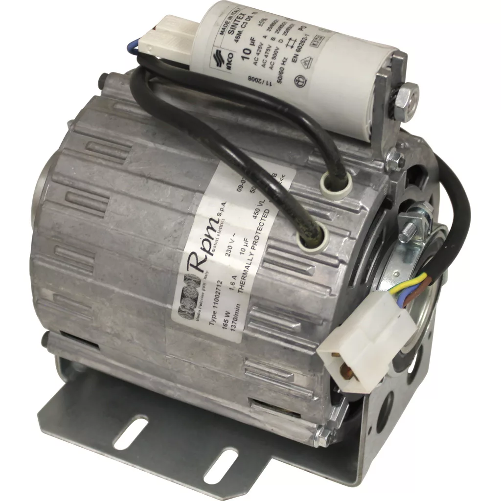 A close-up of the Fiorenzato A1900011 Pump Motor - 230V shows attached wires, a cylindrical capacitor on top, a mounting bracket at the base, and visible technical specification labels on its casing. © 2025 1st-line.com