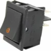 A close-up of the Fiorenzato A2100093 Switch - 125V/250V, a black rectangular rocker switch with an orange indicator dot in the lower left corner and three metal prongs on the back for electrical connections. © 2025 1st-line.com