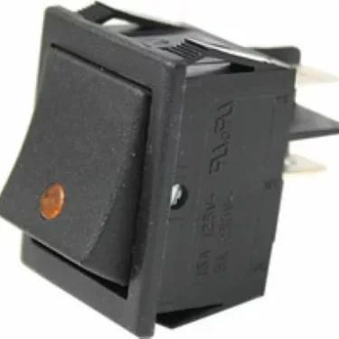 A close-up of the Fiorenzato A2100093 Switch - 125V/250V, a black rectangular rocker switch with an orange indicator dot in the lower left corner and three metal prongs on the back for electrical connections. © 2025 1st-line.com