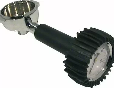 A close-up of the Fiorenzato A2200075 Portafilter, featuring a built-in manometer in the handle, black handle, and ridged gauge cover—designed for Bricoletta, Campanile, and Volante machines. © 2025 1st-line.com