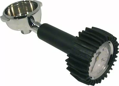 A close-up of the Fiorenzato A2200075 Portafilter, featuring a built-in manometer in the handle, black handle, and ridged gauge cover—designed for Bricoletta, Campanile, and Volante machines. © 2025 1st-line.com