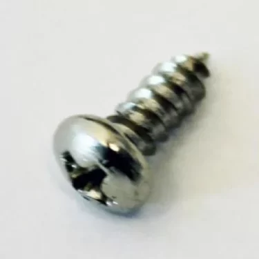 A close-up of the Grimac Screw -Touchpad MiniGrimac 3.5x9.5, a silver, round-head Phillips screw made of metal, displayed on a white surface. © 2025 1st-line.com