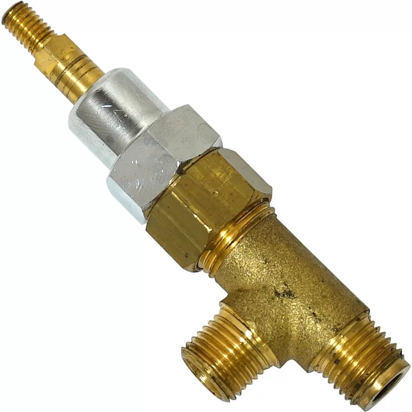 A close-up of the Isomac 000658 Steam/Hot Water Valve Tap, a brass T-shaped fitting with threaded ends and metallic connector, commonly used in plumbing or air compressor systems, isolated on a white background. © 2025 1st-line.com