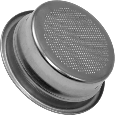A close-up of the La Marzocco Filter Basket/Cup - 58mm, 2-cup, highlighting its small holes, designed to hold ground coffee in your espresso machine. © 2025 1st-line.com