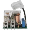 A close-up of the La Nuova Era NE043004 110V Relay with transparent casing, featuring a copper coil, metal terminals, resistor, blue capacitor, and a black wire ending in a white plastic connector. © 2025 1st-line.com