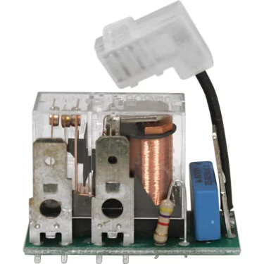 A close-up of the La Nuova Era NE043004 110V Relay with transparent casing, featuring a copper coil, metal terminals, resistor, blue capacitor, and a black wire ending in a white plastic connector. © 2025 1st-line.com
