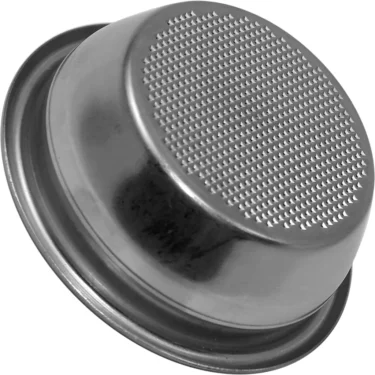 A close-up of the La Nuova Era NE486 58mm 2-Cup Filter Basket shows its polished surface and fine perforations, designed for holding coffee grounds in an espresso machine. © 2025 1st-line.com