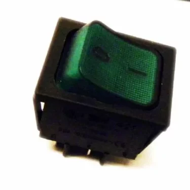 A close-up of the La Pavoni 121P-85P Single Switch for Professional, featuring a green rocker with on/off symbols in a black rectangular housing, set against a white background. © 2025 1st-line.com