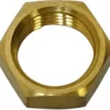 A close-up of the Lelit MC009 Heating Element Brass Nut, a hexagonal brass locknut with an internal threaded hole, displayed against a white background. © 2025 1st-line.com