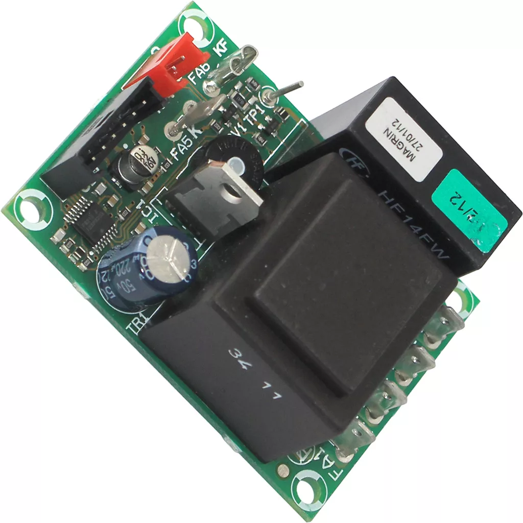 A close-up of the Macap Mainboard - 110V - M2 featuring a blue cylindrical capacitor, black relay, green terminal blocks, and other components mounted on its green circuit board. © 2025 1st-line.com