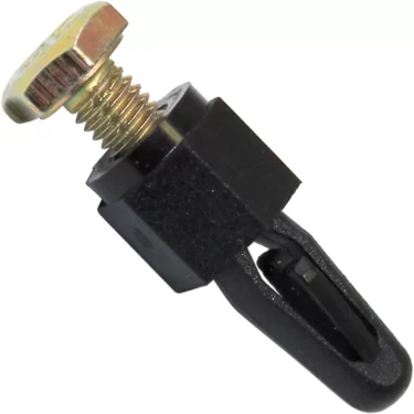 A close-up of the Macap Mainboard Support - M2, featuring a metal screw with a hexagonal head attached to a black plastic fastener, set against a white background. © 2025 1st-line.com