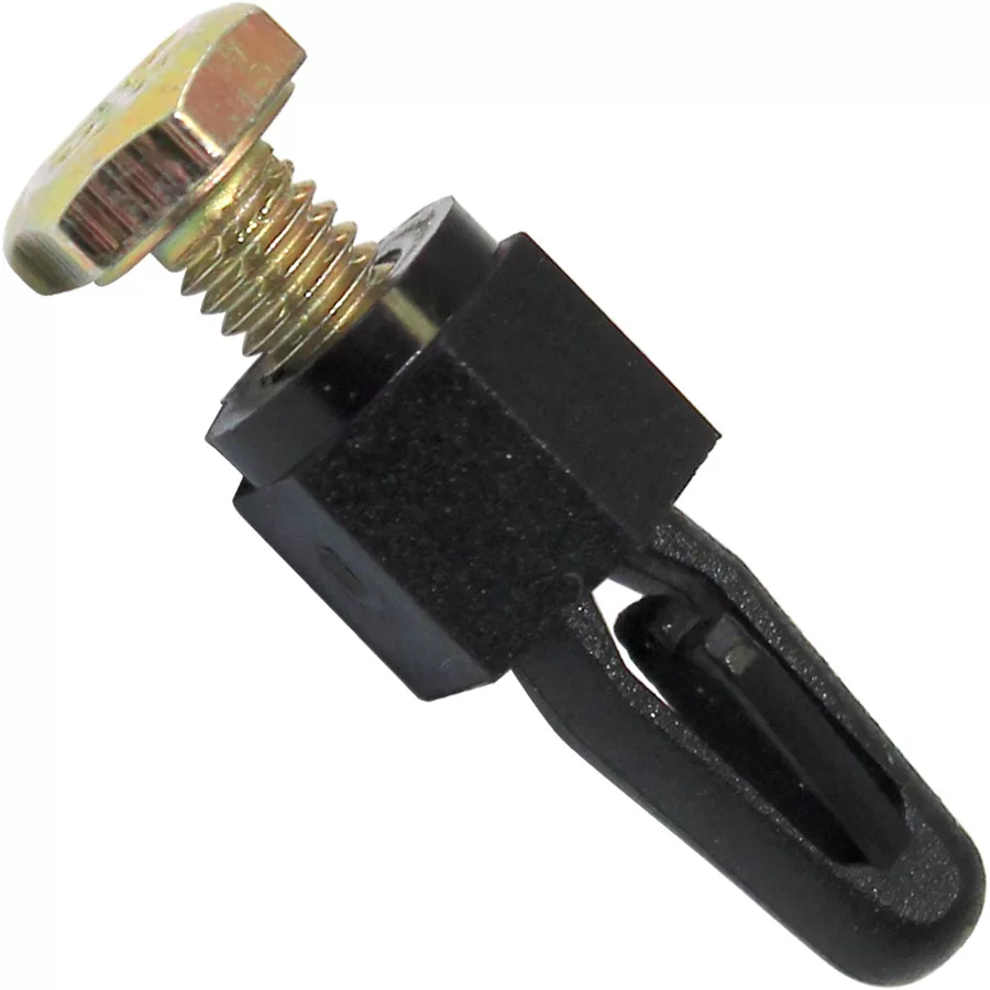 A close-up of the Macap Mainboard Support - M2, featuring a metal screw with a hexagonal head attached to a black plastic fastener, set against a white background. © 2025 1st-line.com