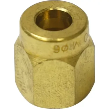 A close-up of the Olympia 0260210618 Nut Connection shows its brass hex design with a central threaded hole, ideal for plumbing or mechanical use. © 2025 1st-line.com
