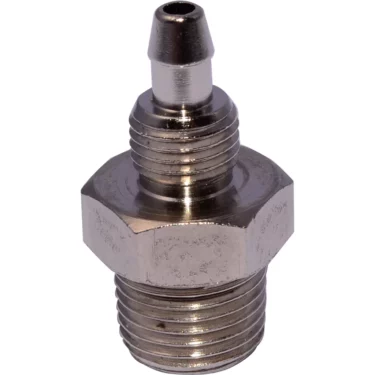 A close-up of the Pasquini T-2 Livietta Press Union Fitting, a metallic part with a hexagonal nut center, threaded ends, and a small top nozzle, shown isolated on a white background. © 2025 1st-line.com